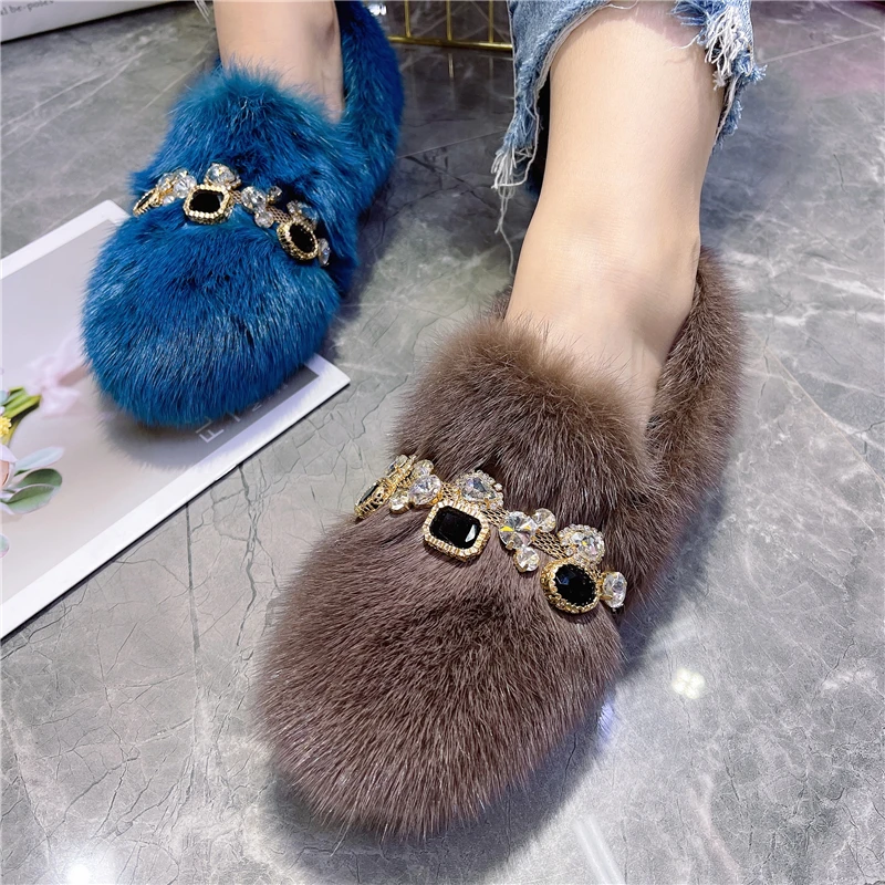 

Crystal Decor Women Winter Warm Flats Casual Loafers Real Mink Fur Espadrilles Ladies Driving Fur Shoes Woman Moccasins