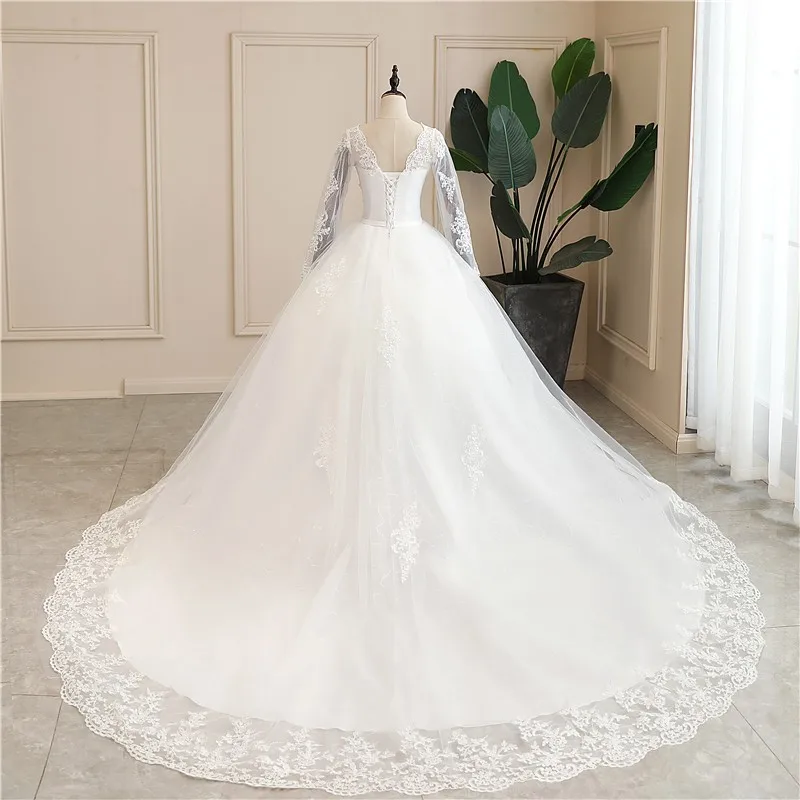 Vestidos De novia blancos De manga larga con cuello en V, Vestido De baile De encaje De lujo, Vestido De novia personalizado con foto Real