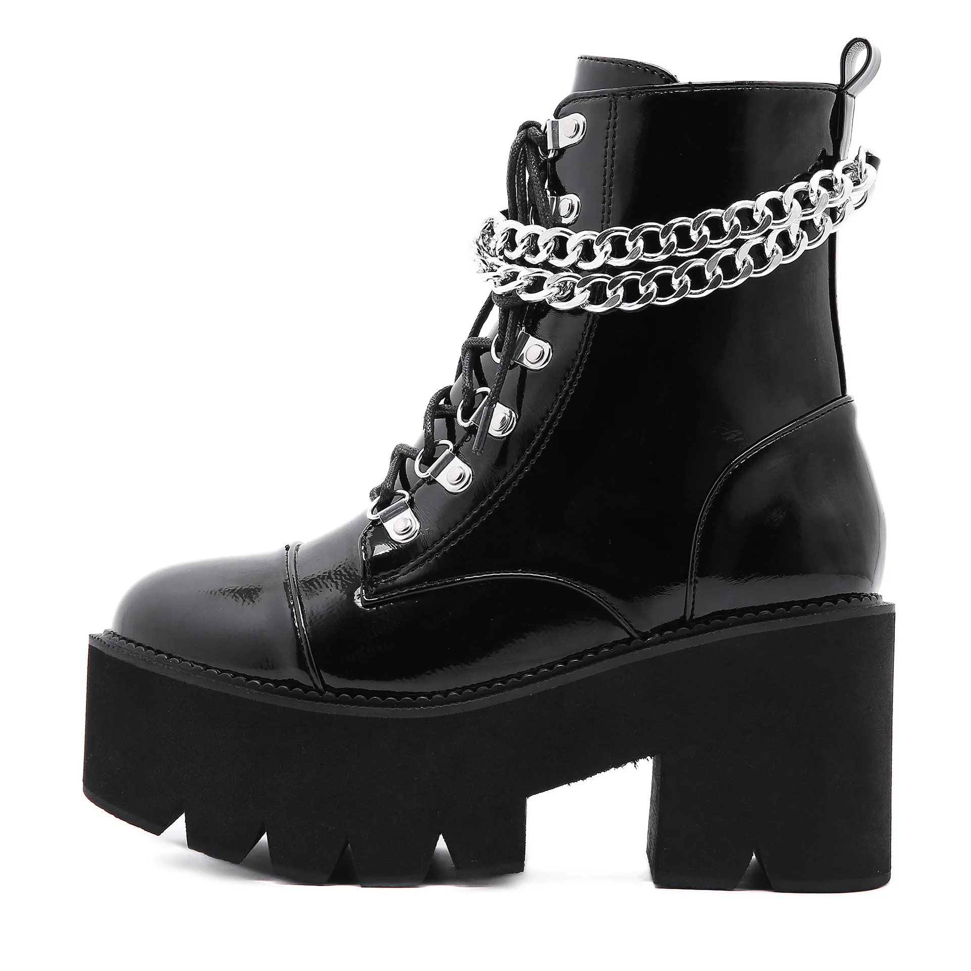 Patent Leather Gothic Black Boots Women Heel Sexy Chain Chunky Heel Platform Boots Female Punk Style Ankle Boots Zipper