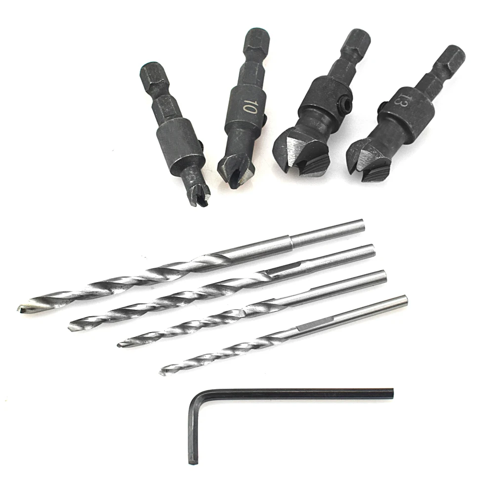 

4 шт., деревообрабатывающий метчик, винт с шестигранным хвостовиком, потайное сверло, коническое сверло, набор инструментов для сверления и развертывания отверстий
