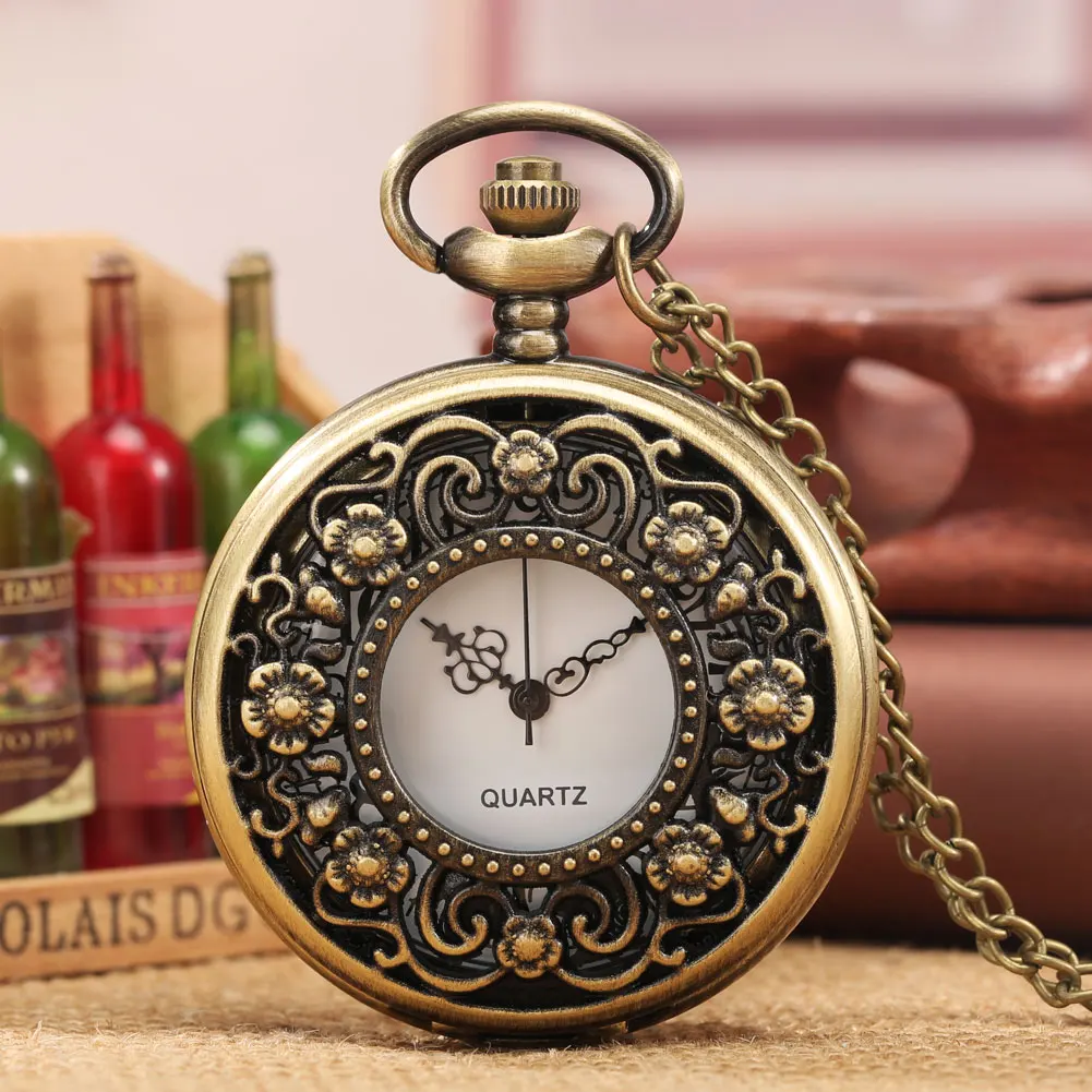 Antique Flowers Bronze Hollow Hunter Quartz Pocket Watch Retro Vintage Exquisite Lady Jewelry Pendant Clock Gifts for Men Women