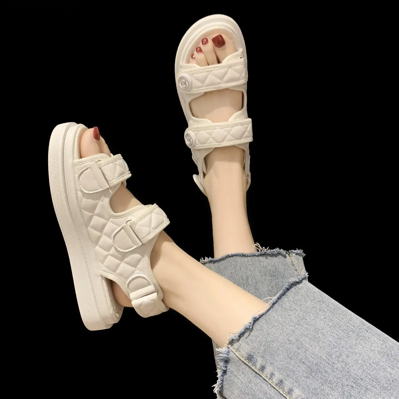 Women Summer Sports Sandals Thick-soled Increased Plaid Roman Shoes With  Casual RoundToe Comfortable Felmale Flat Sandals