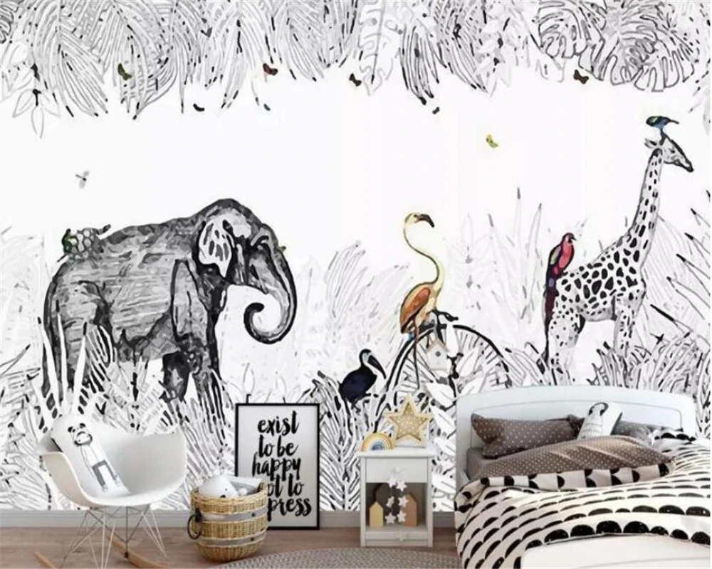 

Custom wallpaper photo hand painted rainforest plant leaves animal black and white background mural home decoration 3d wallpaper