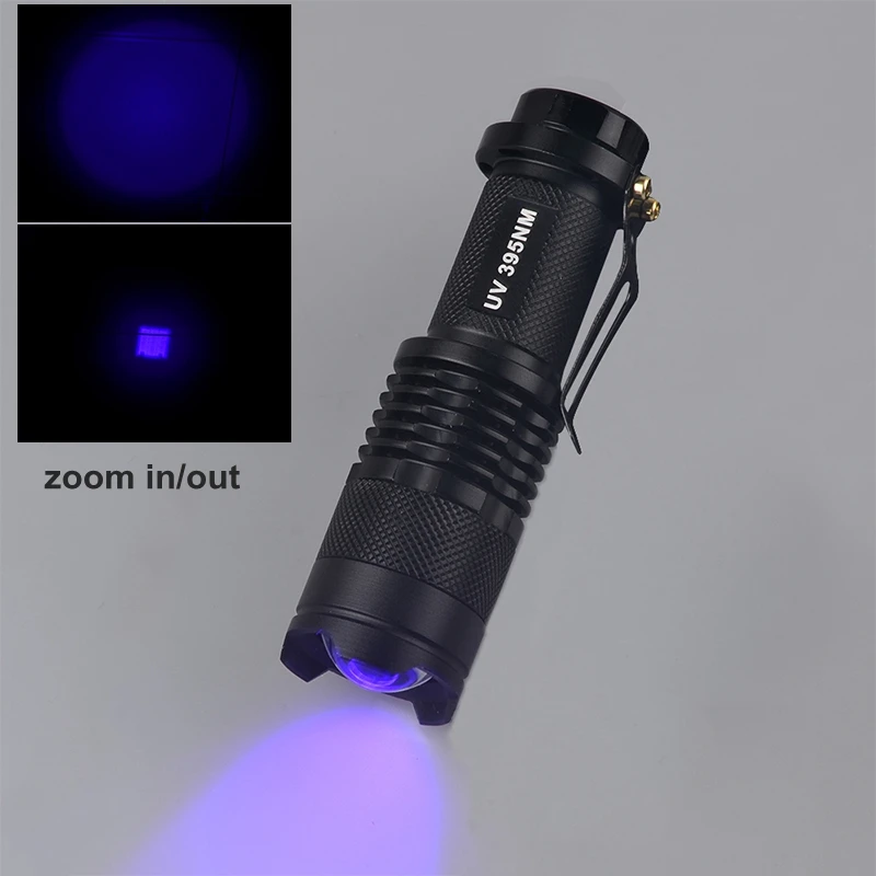 UV LED Flashlight Ultraviolet Torch zoomable Mini UV Black Light Pet Urine Stains Detector Scorpion Hunting Use 14500 battery