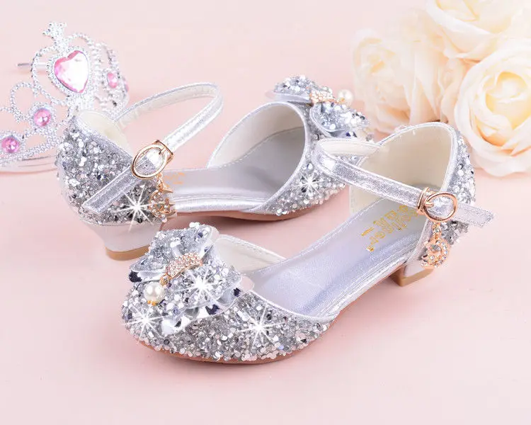 Sandalias de tacón alto con diamantes de imitación y lazo para niña, zapatos de cuero sintético para baile de princesa, color morado, rosa y