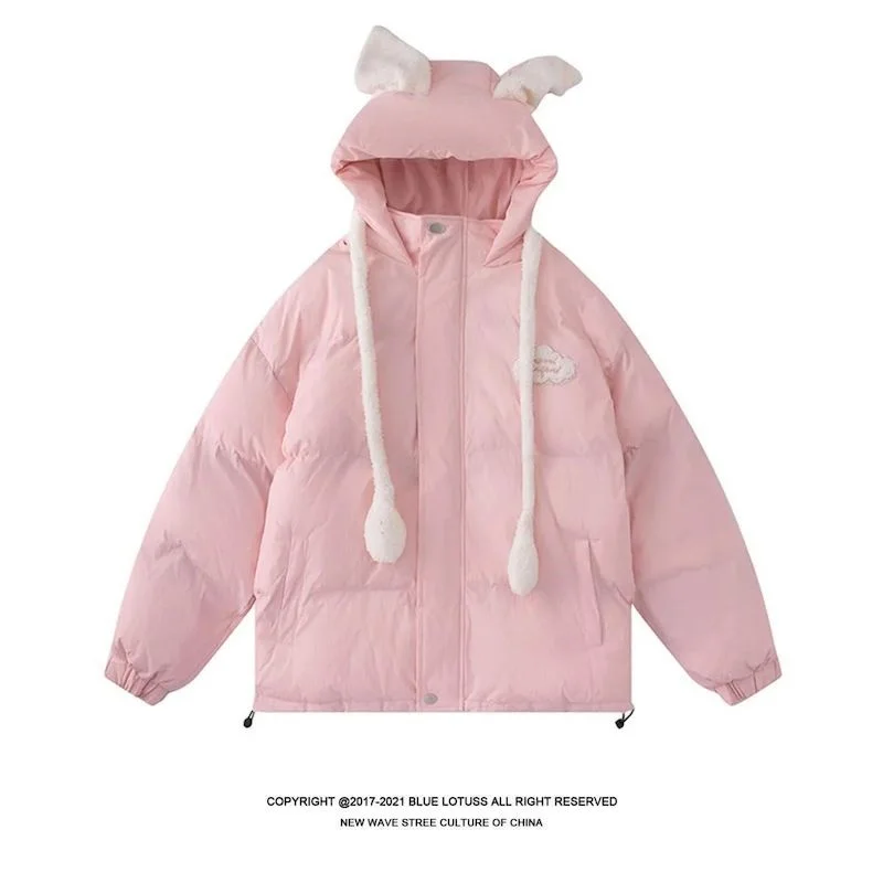 Cotton-padded Jacket Women 2024 Winter Plus Velvet Thick Padded Coat Rabbit Ears Can Move Korean Style Loose Hooded Warm Coats