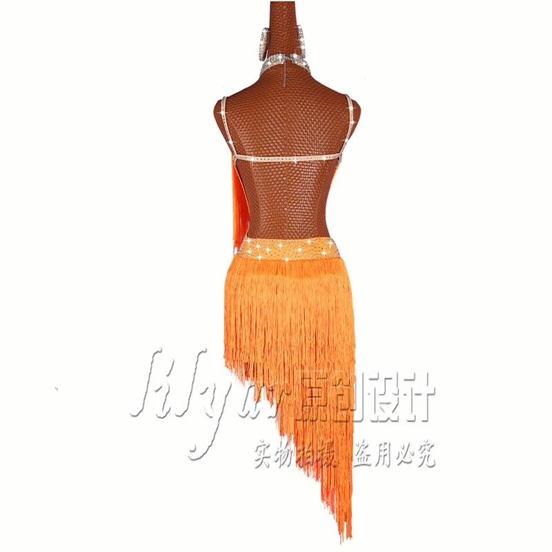 Latin Dance Competition Performance Glittering Rhinestone Adult Customized Orange Tassel Dance Skirt