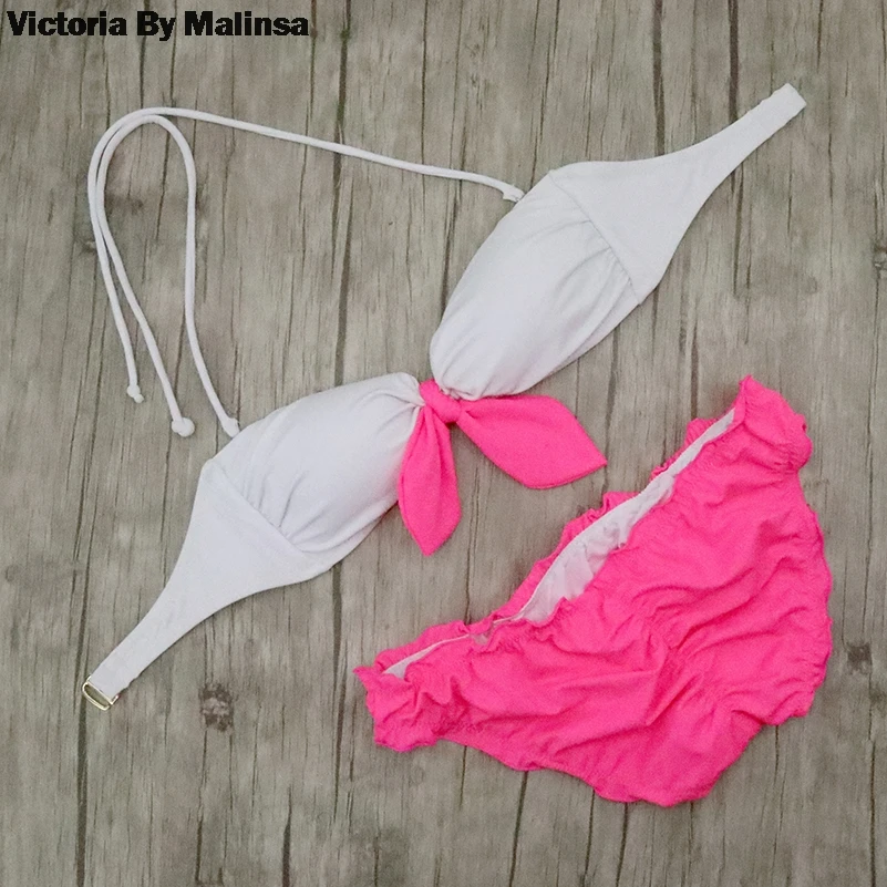 Conjunto de Bikini con lazo blanco para mujer, ropa de playa Sexy, con parte superior o inferior, color rosa secreto