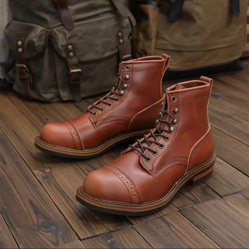 

New Handmade Vintage British Men Ankle Boots Autumn Winter Cow Leather Shoes Outdoor Work Tooling Motorcycle Boots Luxury Shoes