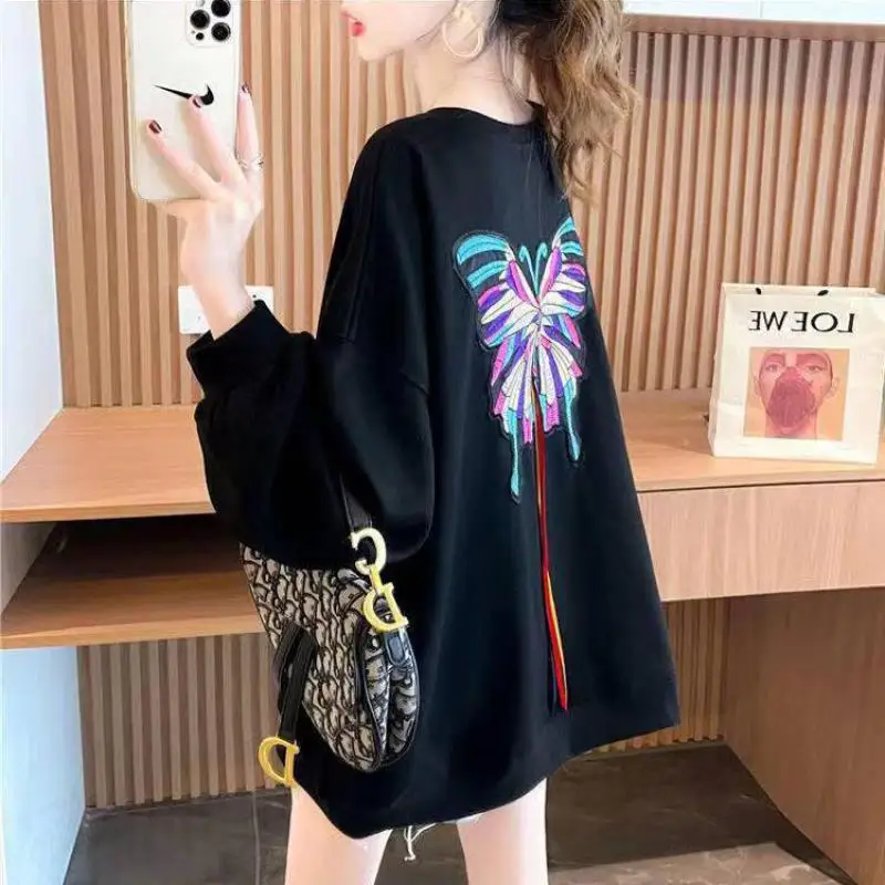 Thin Spring Autumn Loose Female Clothes Casual Women Sweatshirt Harajuku Embroidery Tassel Fantasy Butterfly Pullover Female