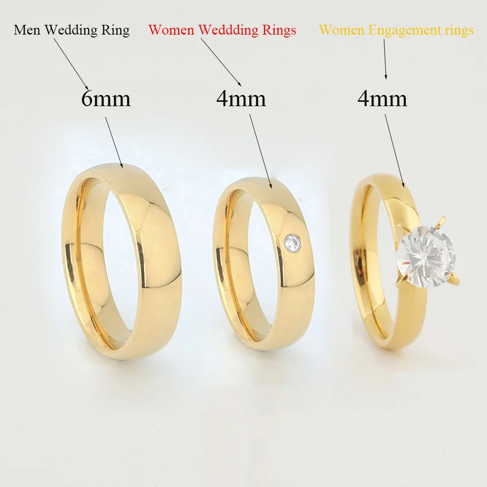 3pcs 18k Gold Plated Wedding Engagement Rings Set for Men And Women Lover's Couple Ring Titanium Marriage Anniversary Gift