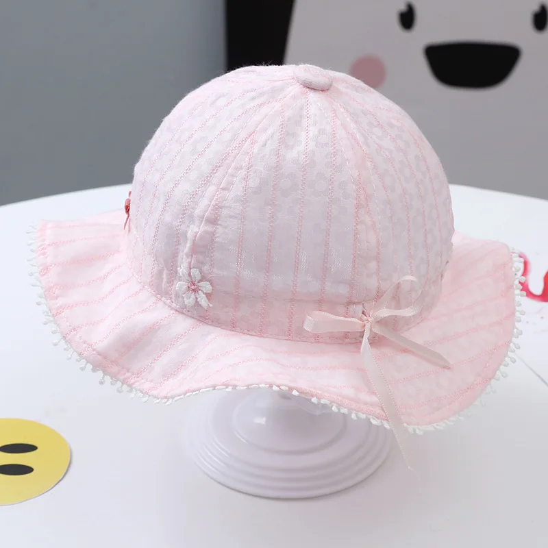 3 Colors Summer Outdor Sun Hat Baby Girls Cute Pink Cap Kids Cotton Breathable Bucket Hats with Stripes (for 3-18 Months Babies)