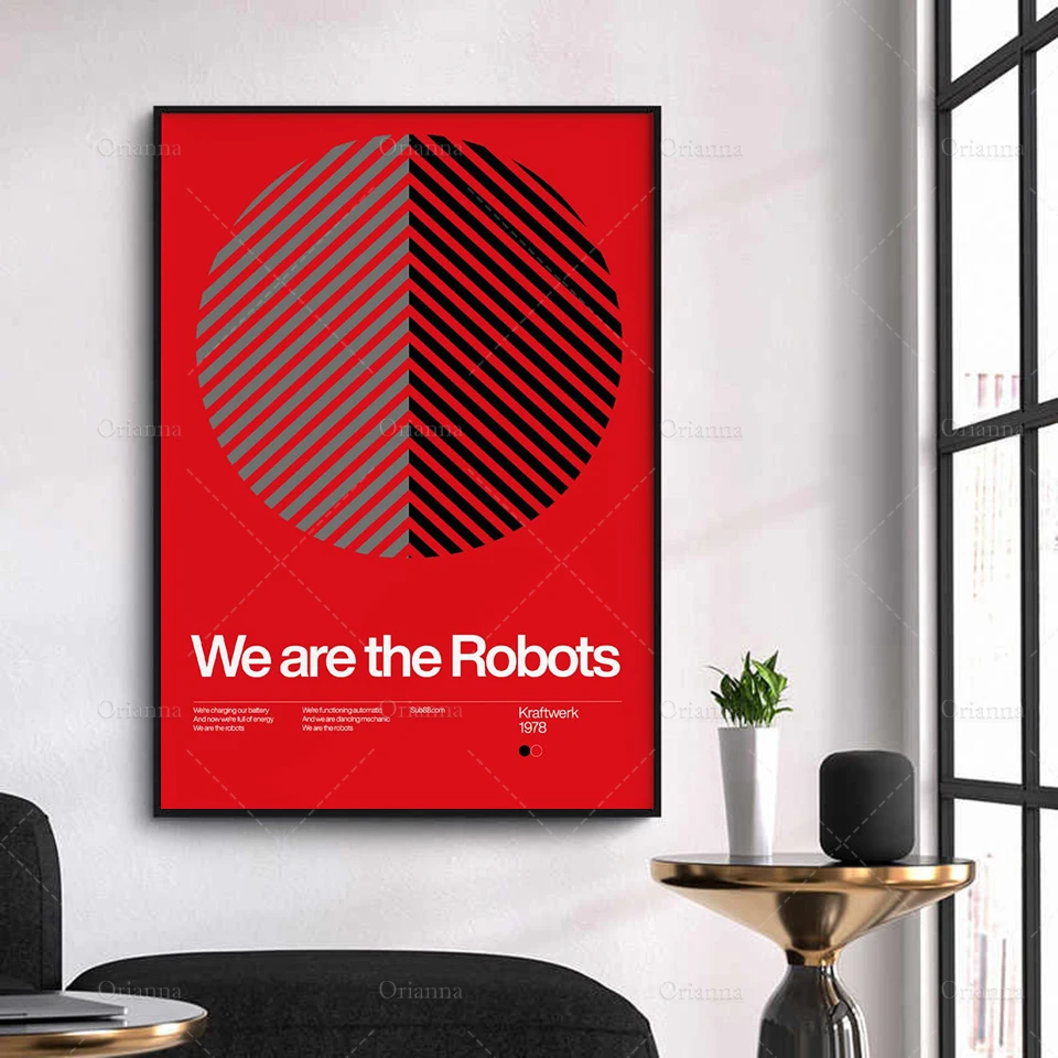 Poster New Wave, We are the Robots - Kraftwerk 1978, song Minimalistic Swiss Graphic Design Modern Home Decor Wall Art Canvas