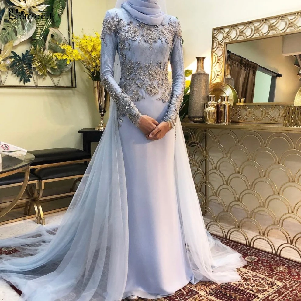 Dubai kaftan vestido de baile manga longa vestidos de noite 2022 flores rendas azul árabe muçulmano hijab formal vestido robe de soirée femme