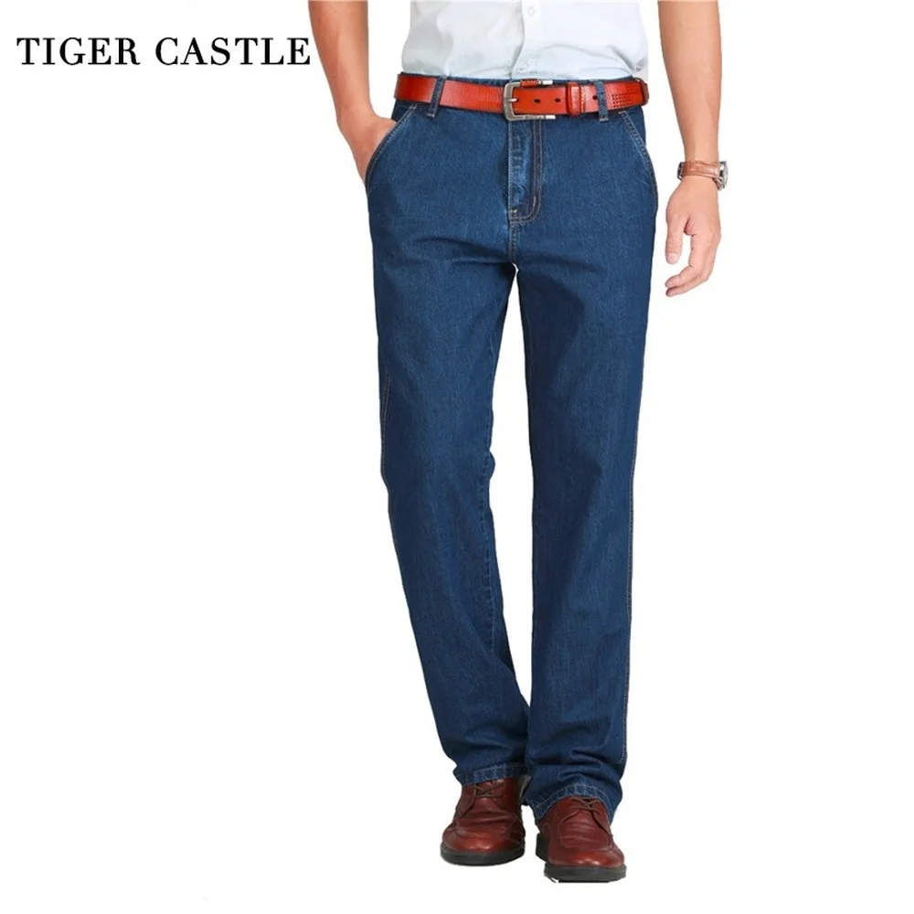 TIGER CASTLE 100% Cotton Spring Summer Men Jeans Slight Classic Denim Pants Male Washed Baggy Blue Designer Causal Jeans Man