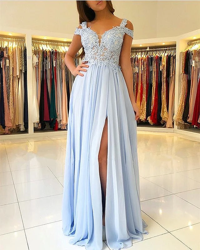 Sky Blue Bridesmaid Dresses Long Side Split Off Shoulder Lace Appliques Prom Party Gowns Wedding Guest Maid Of Honor Dresses