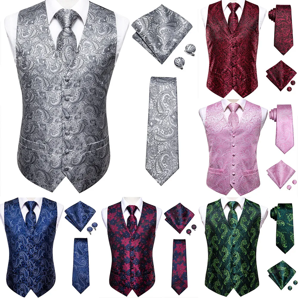 

Hi-Tie Silver Paisley Floral Silk Men's Slim Waistcoat Necktie Set For Suit Dress Wedding 4PCS Vest Necktie Hanky Cufflink Set