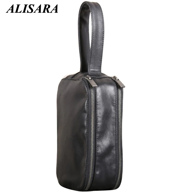 Alisara Clutchs Male First Layer Cow Leather Top End Men Cell Phone Wallet Casual Storage Cigarette Purses Zipper Mini Hand Bag