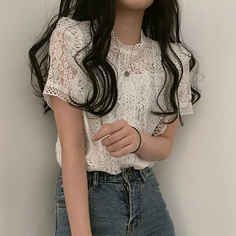 High Quality Summer Elegant White Lace Blouse Shirt Women Short Sleeve Sexy Streetwear Hollow Out Embroidery Blouses Autumn Tops