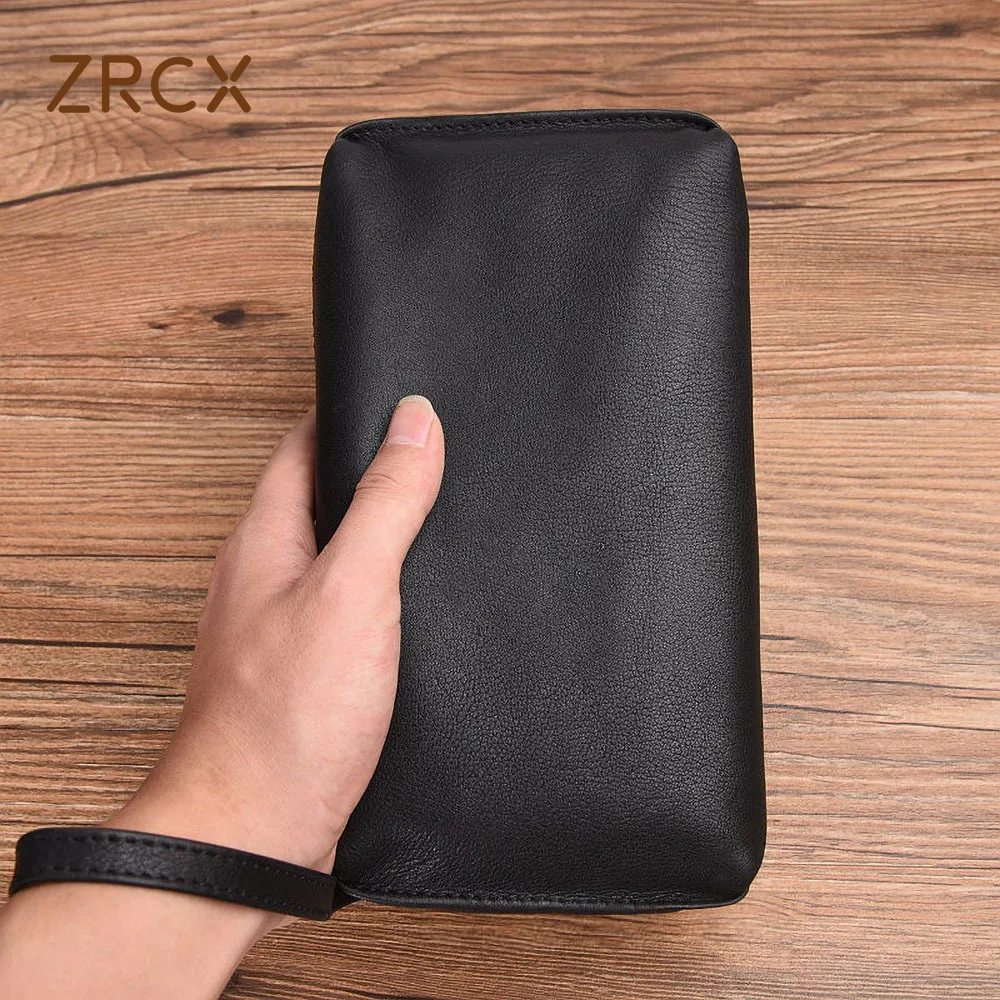 ZRCX Men\'s LargeCapacity Clutch Bag Top Layer Cowhide Handbag Men\'s Casual Soft Leather Long Wallet Simple Mobile Phone Bag