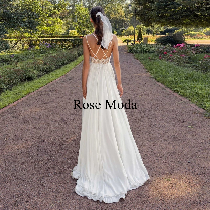 Rose Moda V Neck Criss Cross Back Boho Wedding Dress with Slit Chiffon Beach Bridal Gown Custom Make