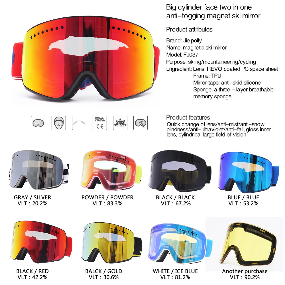 Magnetic Ski Snowboard Goggles for Men Women 100% UV Protection with Detachable Lens Eyewear Anti-fog Big Ski Mask Glasses