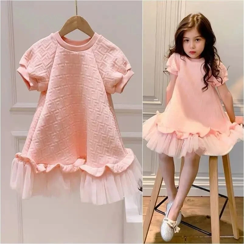 

Summer Teen Girls Dress Fashion 2-9 Years Children Pink Long Dress Baby Short-sleeved Mesh Dress Princess Dress