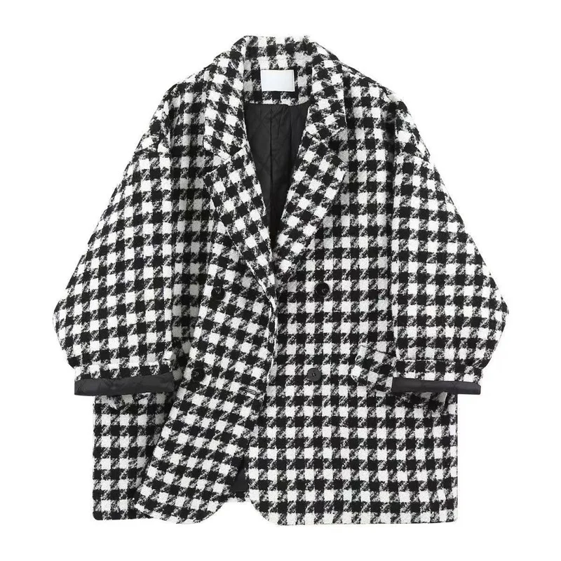 Blazer Women 2022 Winter Houndstooth Thicken Casual Plaid Coat   Oversized Winter Clothes Women Long Sleeved Ladies Jacket Fall