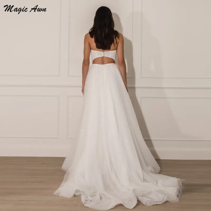 Magia awn brilhante praia vestidos de casamento 2021 sem alças simples boho glitter sem mangas país vestido de festa de casamento vestidos personalizados