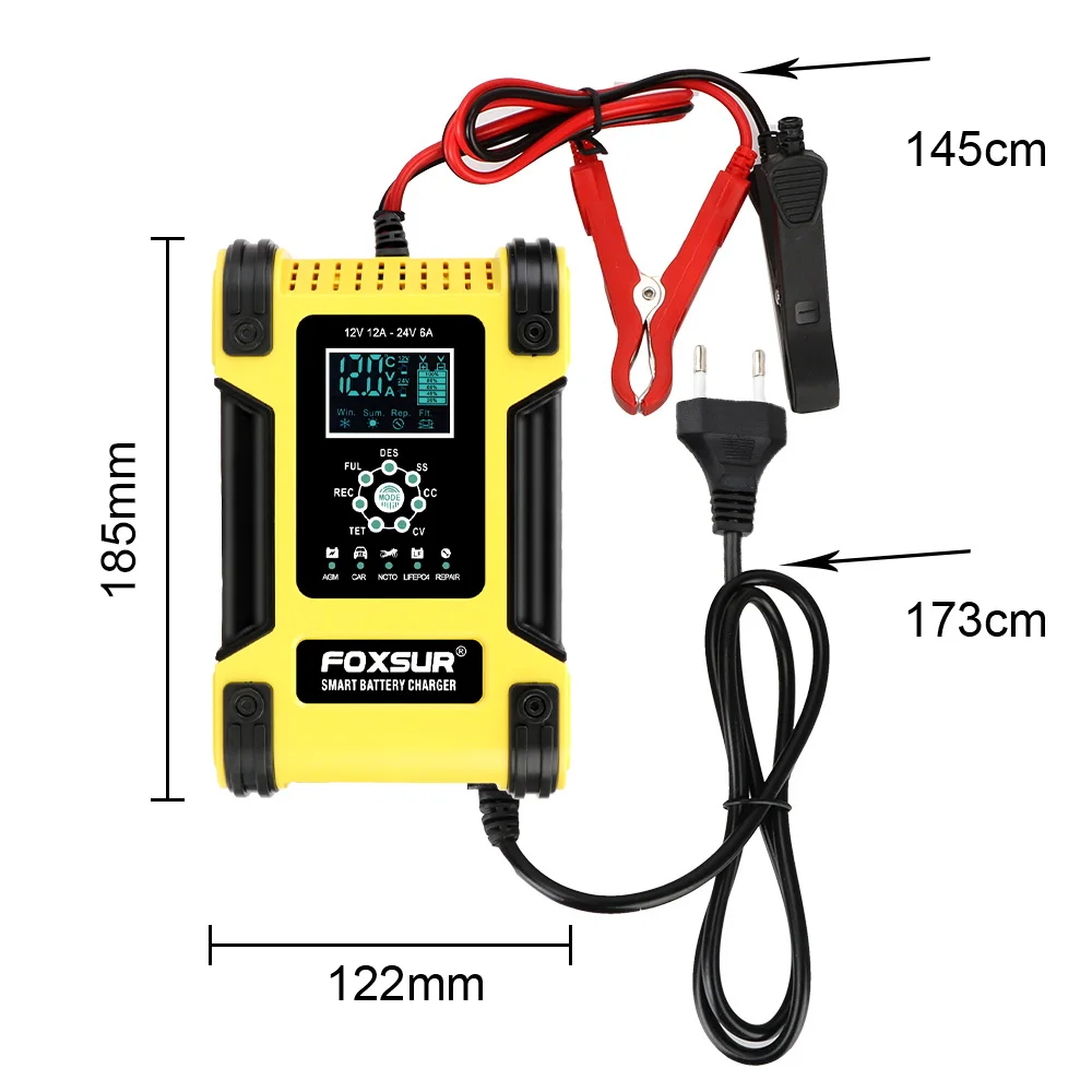 Motorcycle Car Battery Charger Digital LCD Display AGM Lead-acid Battery Charger 24V/6A 7 Stage 12V/12A Lithium Iron Battery