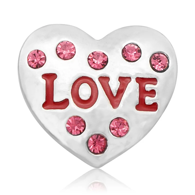 Beauty Round Rhinestone Pink hearts Love 18MM Metal snap button for DIY charm snap bracelet jewelry wholesale Valentine\'s Gift