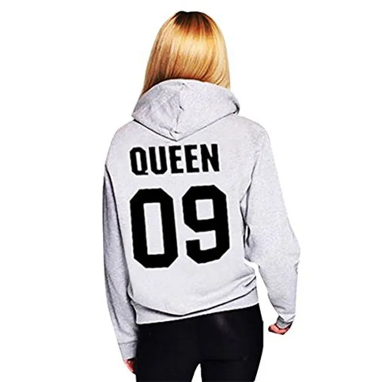 Couple Sweatshirt Women Men Queen King Printed Hooded Long Sleeve Loose Pullover Zip Hoodie Outerwear Top Sweatshirt