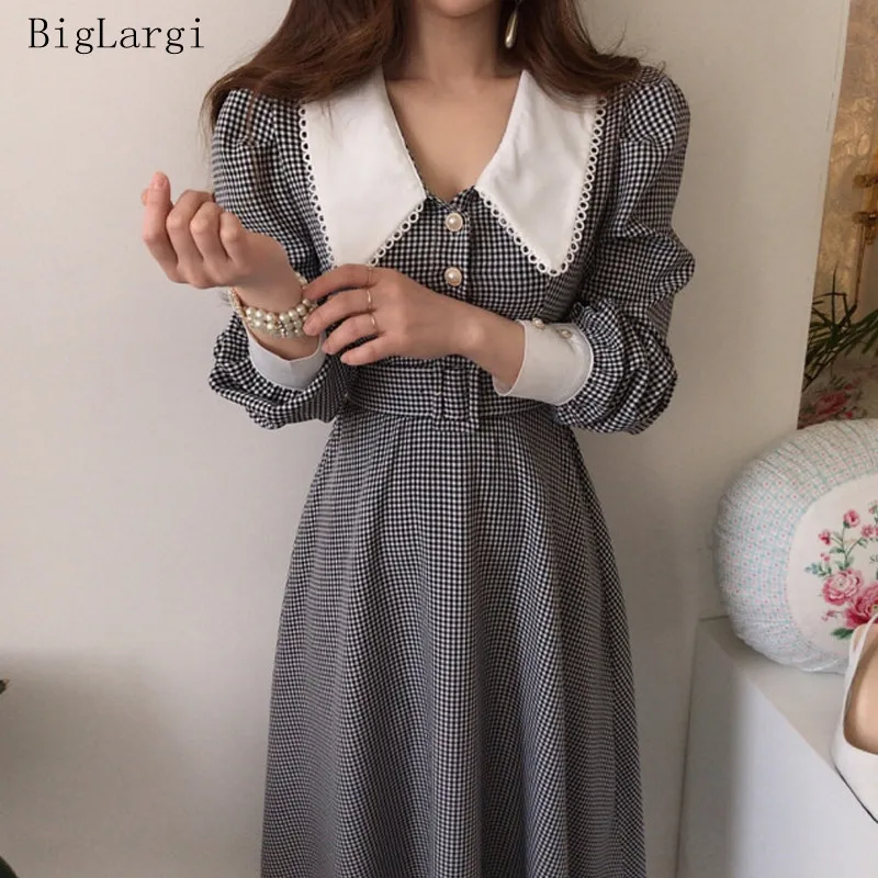 Spring Autumn Cotton Women Dress French Elegant Temperament Lapel Lace Check Chic Single-Breasted Waist Puff Sleeve Vestidos New