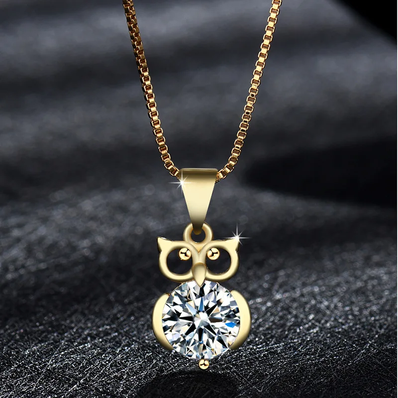 New Fashion Night Owl Bird Pendant Necklace For Men Women Shiny CZ Stone Golden Box Chain Necklaces Punk Hip Hop Accessories