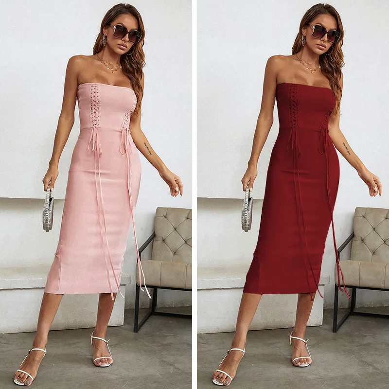 

Rocwickline New Autumn & Winter Women's Dress Sexy & Club Solid Strapless Sheath Belt Formal Elegant Vintage Preppy Style Dress