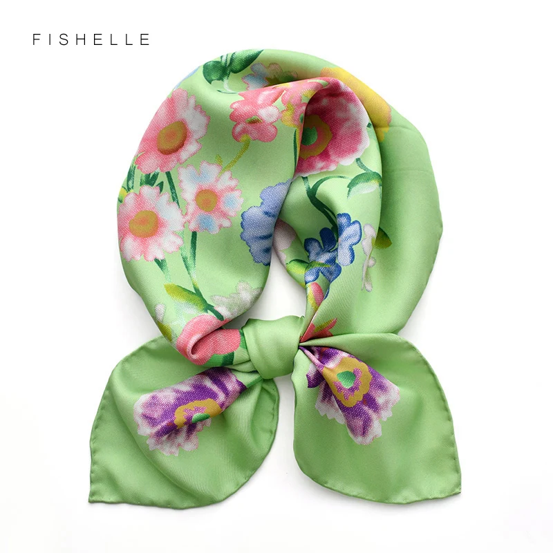 

Luxury 100% twill silk scarf women headband printing green flower 65cm square bandana foulard ladies hair scarves headscarf warp