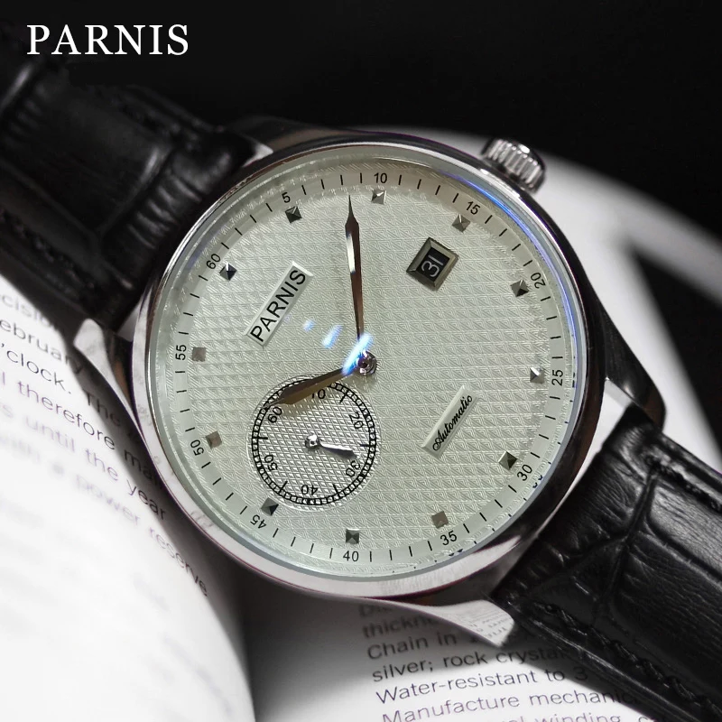 Fashion Parnis 43mm Silver Case Automatic Men\'s Watch Leather Strap Power Reserve Mechanical Men Wristwatches 2024 Man New Clock