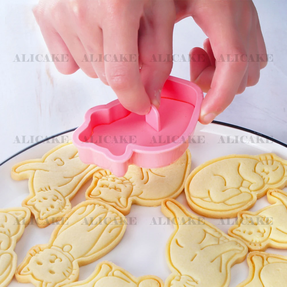 6Pcs Set Cat Cookie Cutter Stamp Plastic Cartoon Pressable Biscuit Mold Pussy Confectionery Kitchen Baking Pastry Bakeware Tools