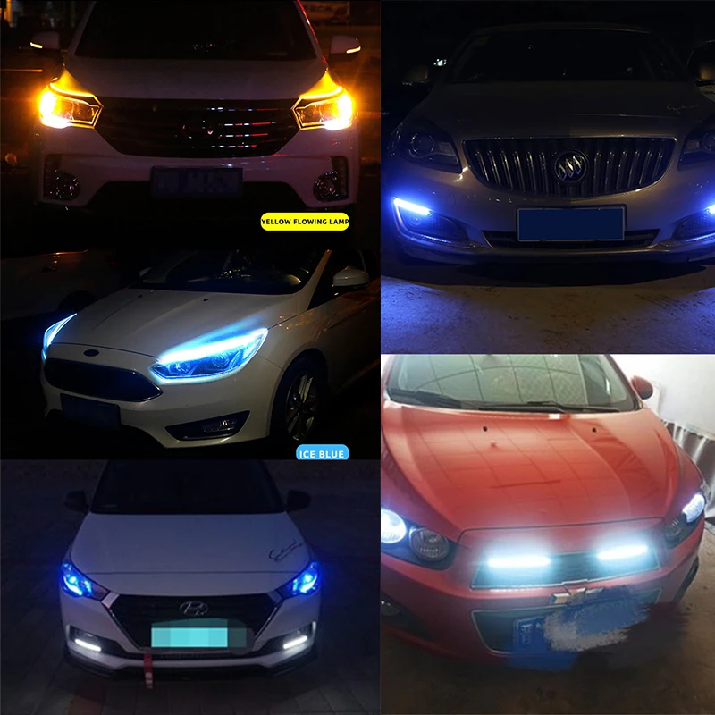 2x Car DRL LED Daytime Running Light Flow Yellow Turn Signal White DRLScan Waterproof Headlight Strip Sequential Light Universal