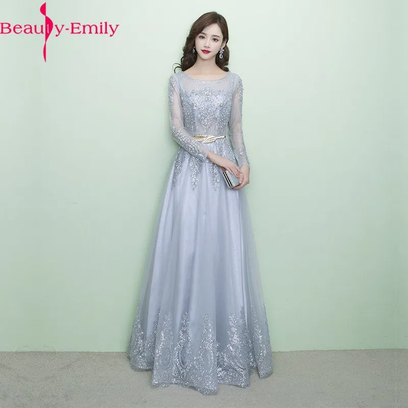 

Beauty-Emily Charming O Neck Long Sleeve Evening Dresses Long Lace Beading Sequined Zipper Back Tulle Silver Party Gown