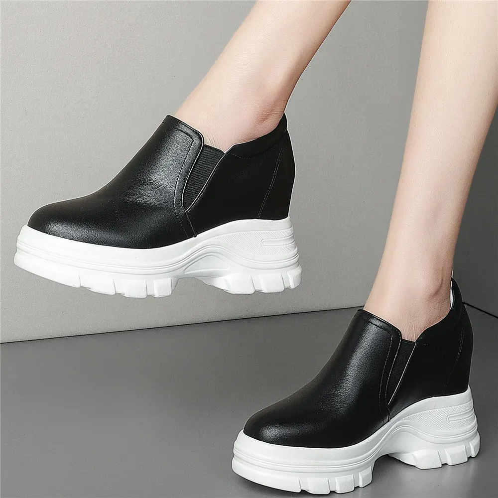 Platform Ankle Boots Women Slip On Genuine Leather Wedges High Heel Pumps Shoes Female Round Toe Fashion Sneakers Casual Shoes