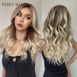 HENRY MARGU Ombre Brown Blonde Lace Wig Natural Long Wavy Colored Synthetic Hair Wig for Women 13*1 T Part Heat Resistant Fiber