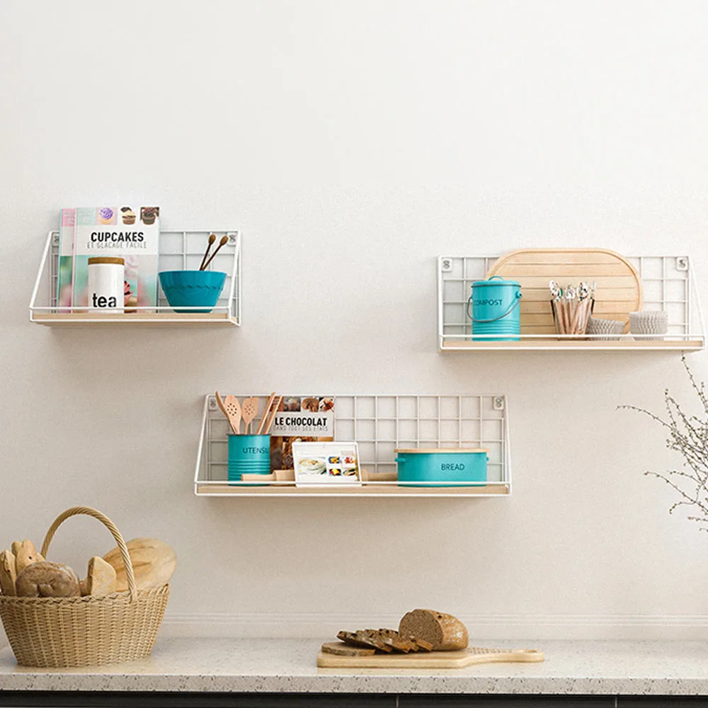 S M L -- Floating Wall Mounted Storage Rack Metal + Wood Shelf Bathroom Kitchen Racks Organizers Shelves Holder Home Decor Decal