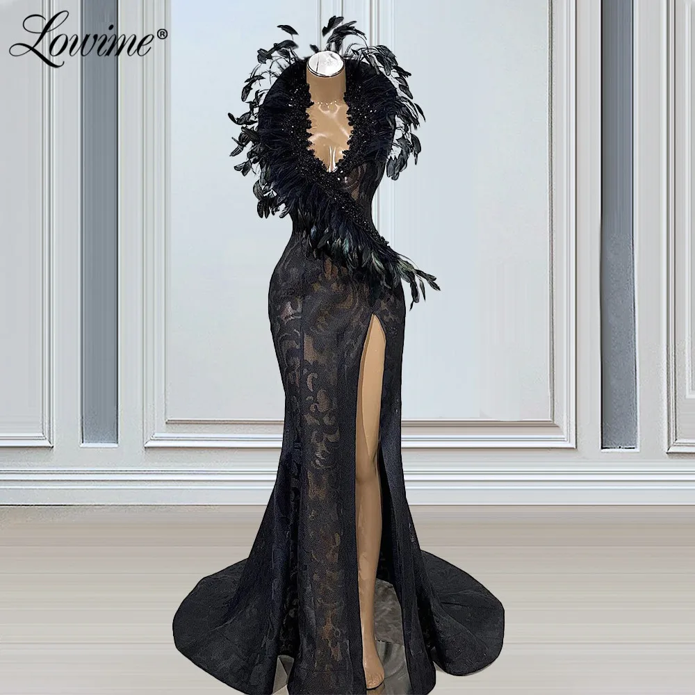 Lowime Saudi Arabic Black Evening Dresses 2021 Applique Beading V Neck Party Gowns African Prom Dress Custom Made Abendkleider