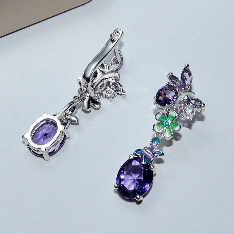 Luxury Dangle Earrings for Women Silver Purple Crystal Flower Floral Pattern Custom Drops Earring Elegant Banquet Jewelry