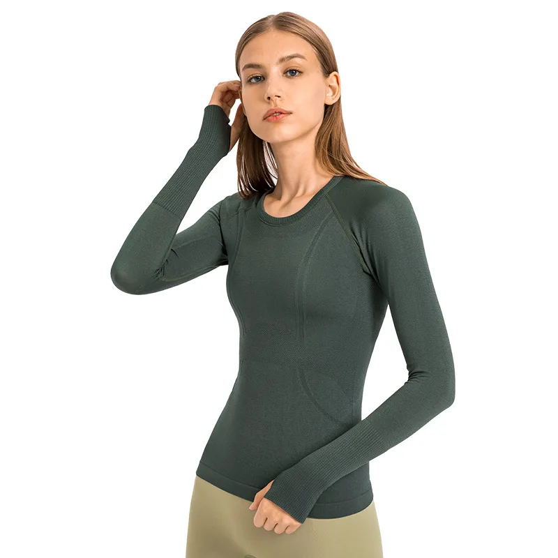 T-shirt à manches longues et col rond pour femme, haut de Yoga, de Sport, de Fitness, de gymnastique, respirant, avec prise de pouce, couleur unie