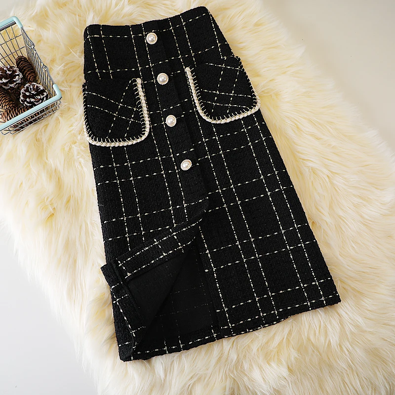 Winter TweedXiaoxiangfeng High-waist Plaid Woolen A-line Skirt Female Autumn And Winter Mid-length Tweed Thin One-step Hip Skirt