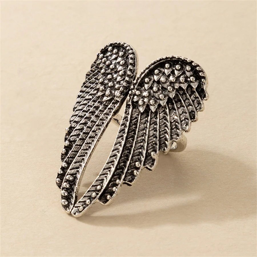 New Vintage Silver Angel Wing ring fashion feather gold colour metal ring punk geometric alloy men\'s and women\'s  Gothic jewelry