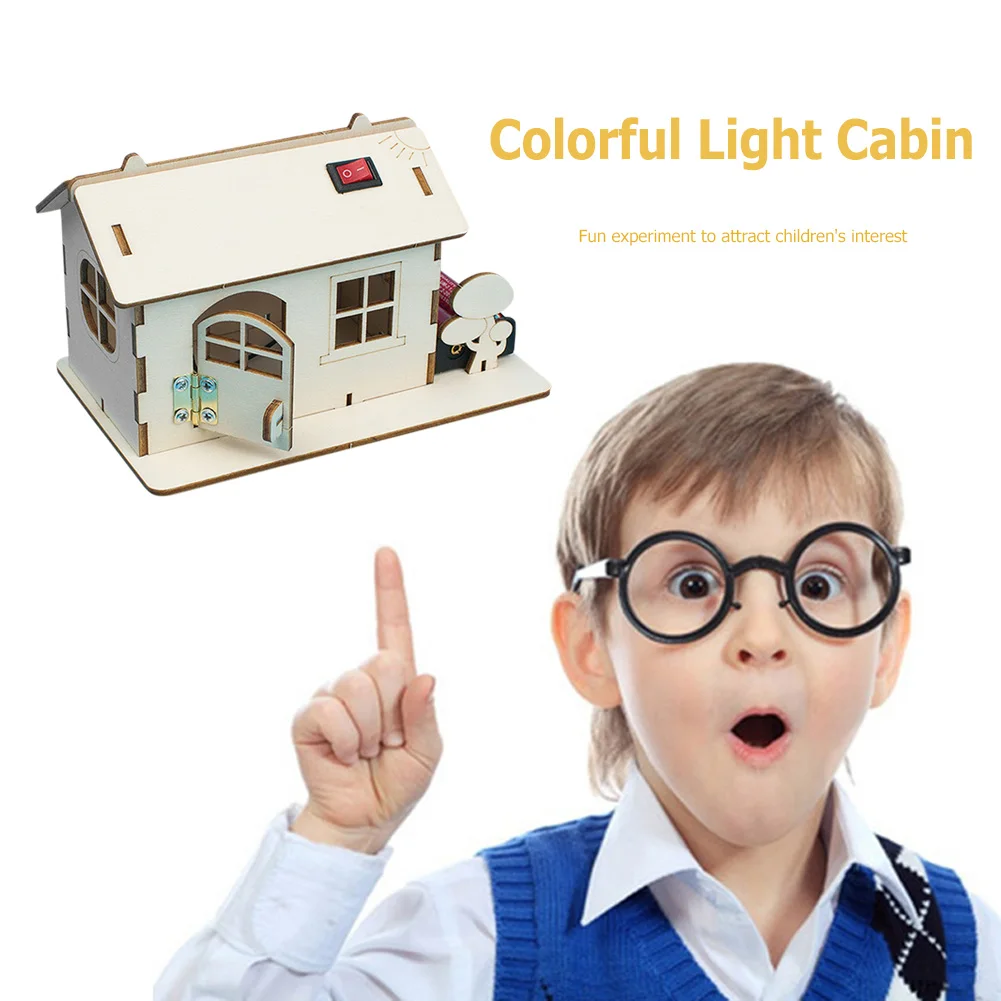 Child DIY Handmade Wooden Cabin Assembly Building Model Toy Set with Light Science Education Experiments Toy For Kids Gifts