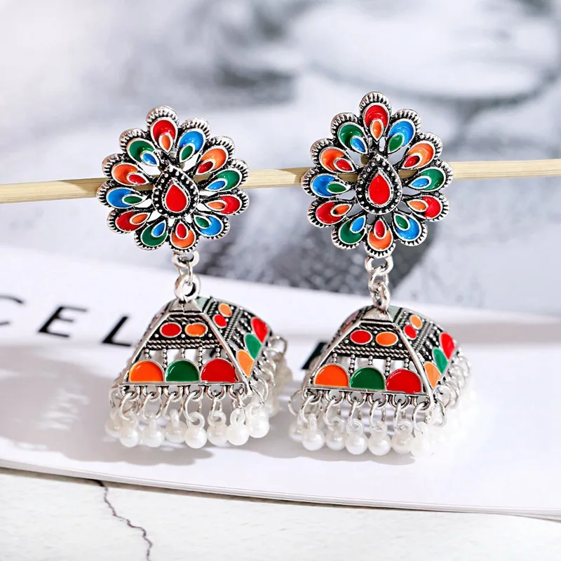 Retro Flower Bollywood Oxidized Women Jhumka Indian Earrings Femmes 2020 Ethnic Silver Color Afghan Tassel Drop Earrings